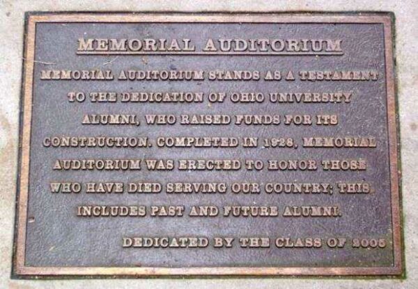 OHIO UNIVERSITY ALUMNI MEMORIAL AUDITORIUM PLAQUE