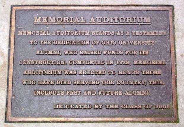 OHIO UNIVERSITY ALUMNI MEMORIAL AUDITORIUM PLAQUE