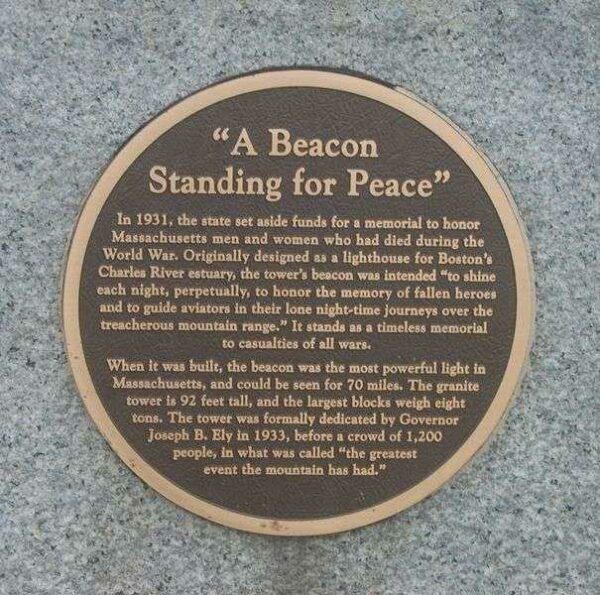 GREYLOCK MOUNTAIN WAR MEMORIAL LIGHTHOUSE PLAQUE