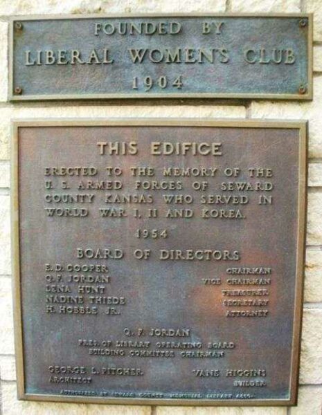 SEWARD COUNTY MEMORIAL LIBRARY PLAQUE