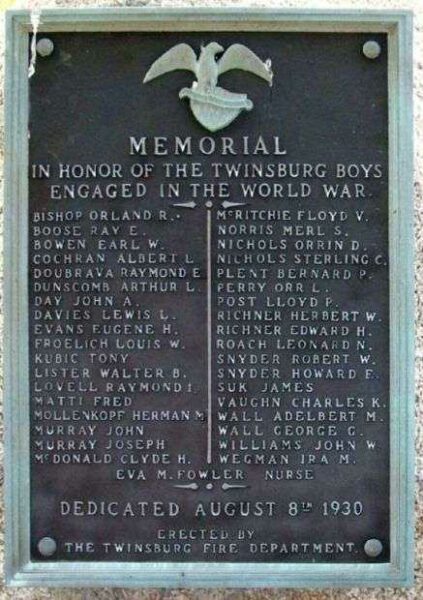 TWINSBURG WORLD WAR MEMORIAL PLAQUE