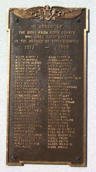 ROSS COUNTY WORLD WAR I MEMORIAL PLAQUE