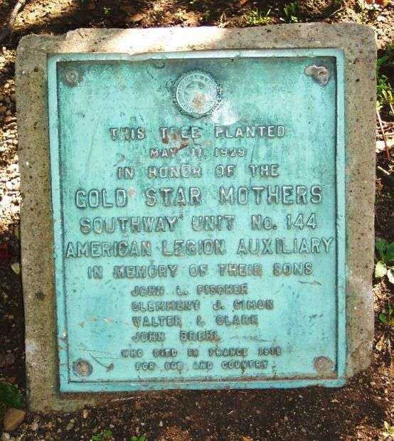 GOLD STAR MOTHERS WORLD WAR MEMORIAL TREE PLAQUE