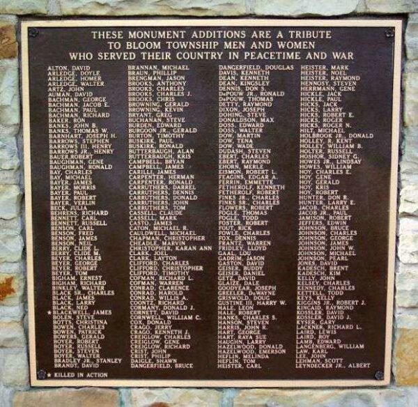BLOOM TOWNSHIP WAR VETERANS MEMORIAL PLAQUE C
