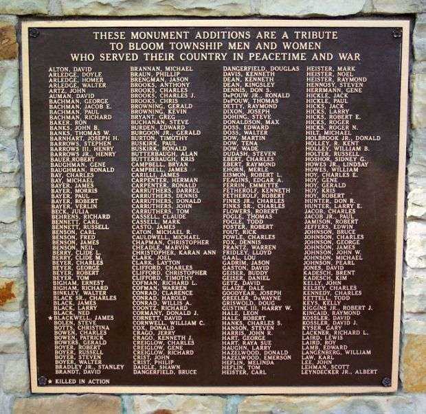BLOOM TOWNSHIP WAR VETERANS MEMORIAL PLAQUE C