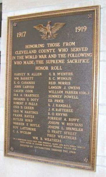 CLEVELAND COUNTY WORLD WAR I MEMORIAL PLAQUE