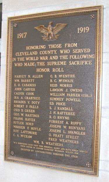 CLEVELAND COUNTY WORLD WAR I MEMORIAL PLAQUE