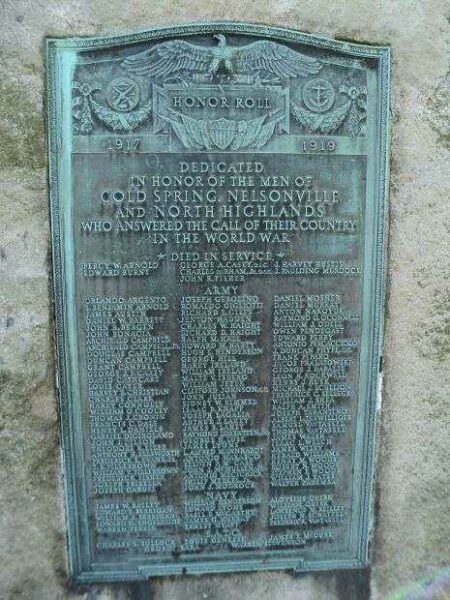 COLD SPRING, NELSONVILLE AND NORTH HIGHLANDS WORLD WAR MEMORIAL PLAQUE