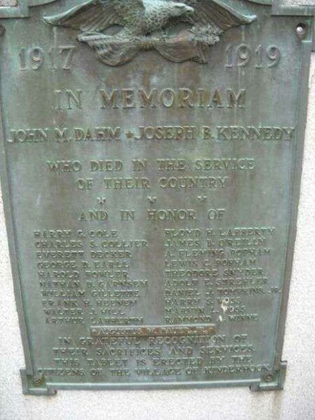 KINDERHOOK WORLD WAR I MEMORIAL PLAQUE