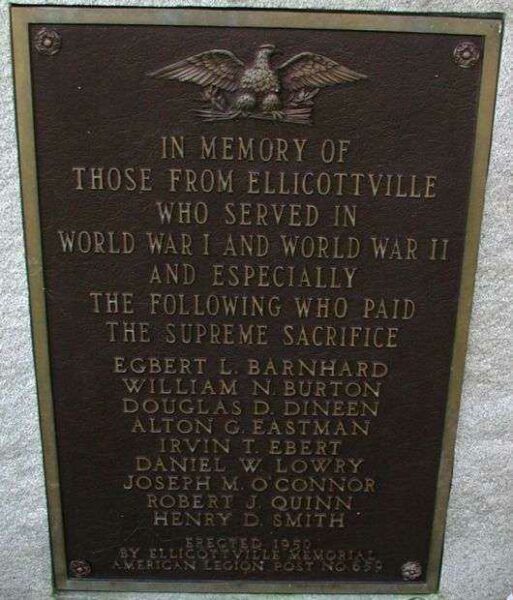 ELLICOTTVILLE WORLD WARS MEMORIAL PLAQUE