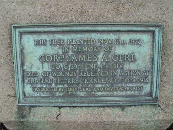 CORP. JAMES A. GERE MEMORIAL TREE PLAQUE