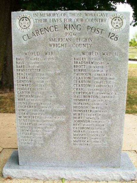CLARENCE KING POST 128 WAR MEMORIAL FRONT