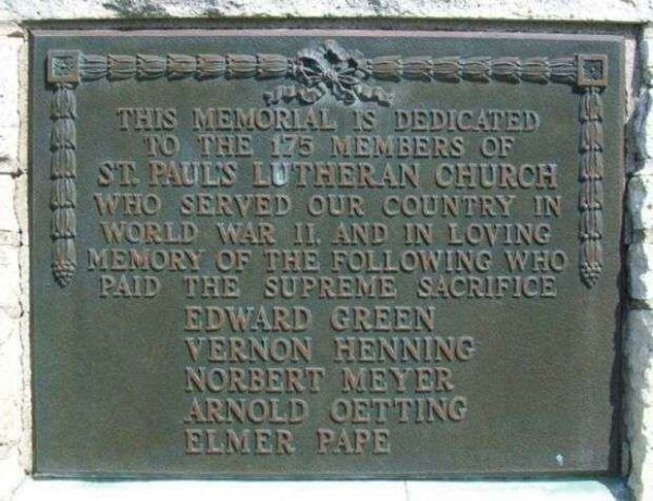 ST. PAUL’S LUTHERAN CHURCH VETERANS MEMORIAL PLAQUE B