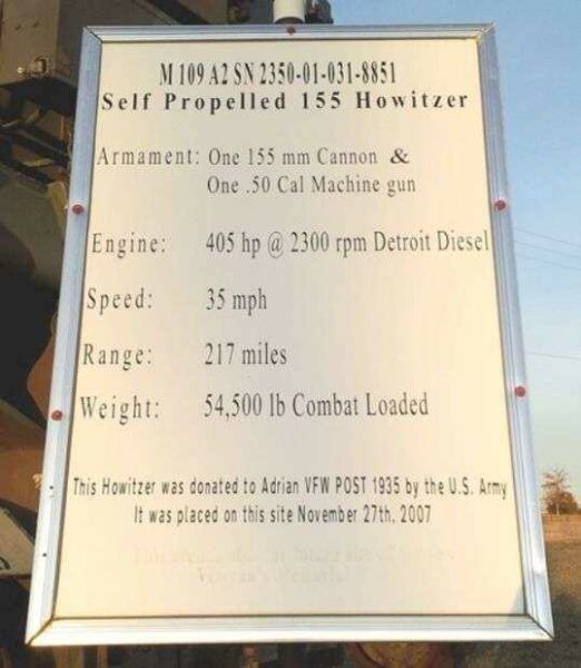M109A2 SELF PROPELLED 155 HOWITZER MEMORIAL PLAQUE