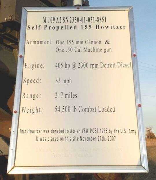 M109A2 SELF PROPELLED 155 HOWITZER MEMORIAL PLAQUE
