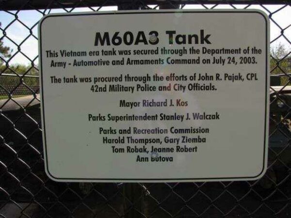 FRANK J SZOT MEMORIAL PARK M60A3 TANK PLAQUE