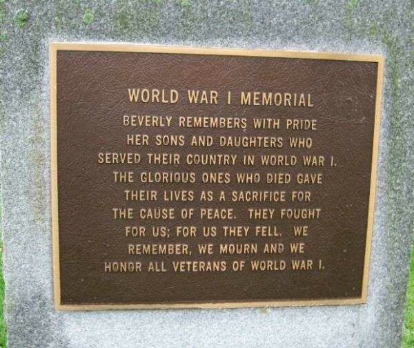 BEVERLY WORLD WAR I MEMORIAL PLAQUE A