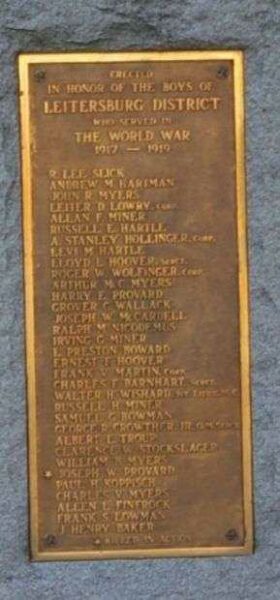 LEITERSBURG DISTRICT WORLD WAR MEMORIAL HONOR ROLL PLAQUE