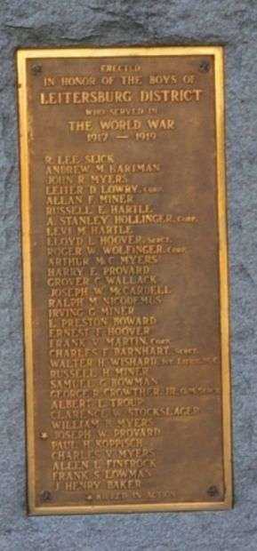 LEITERSBURG DISTRICT WORLD WAR MEMORIAL HONOR ROLL PLAQUE