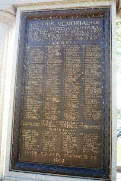 HAVRE DE GRACE WORLD WAR MEMORIAL HONOR ROLL PLAQUE