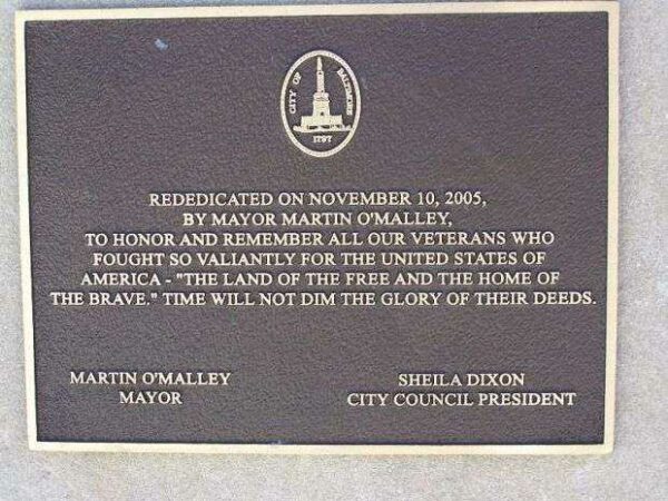BALTIMORE WAR VETERANS MEMORIAL PLAQUE