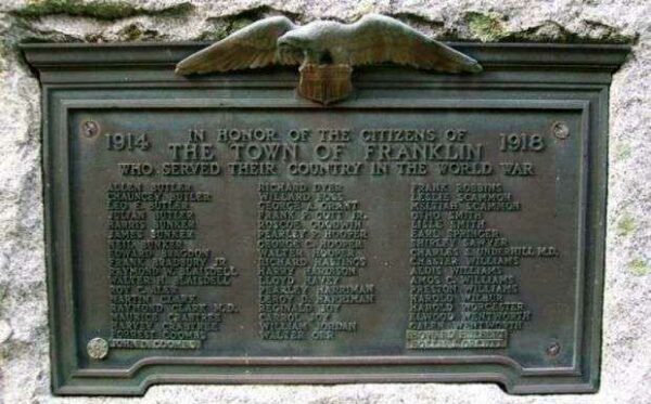 THE TOWN OF FRANKLIN WORLD WAR MEMORIAL PLAQUE