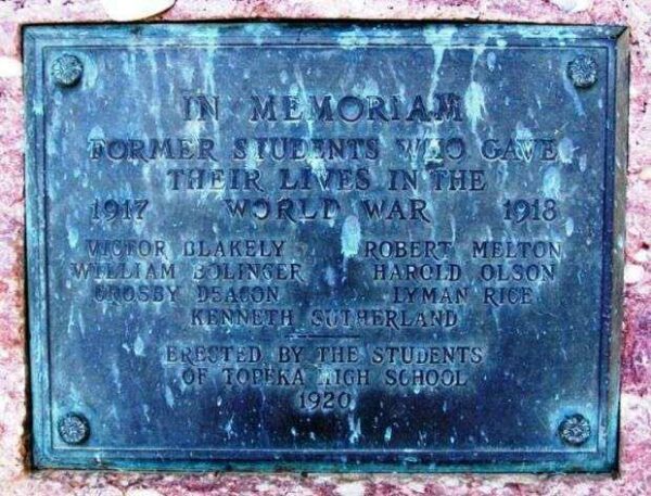 TOPEKA HIGH SCHOOL WORLD WAR MEMORIAL PLAQUE