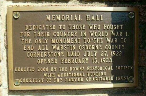 OSBORNE COUNTY WORLD WAR I MEMORIAL HALL PLAQUE
