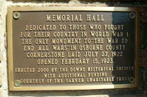 OSBORNE COUNTY WORLD WAR I MEMORIAL HALL PLAQUE