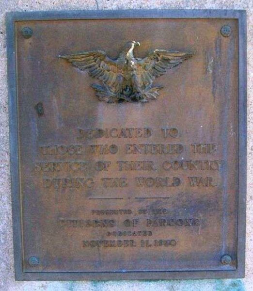 PARSONS WORLD WAR I MEMORIAL PLAQUE