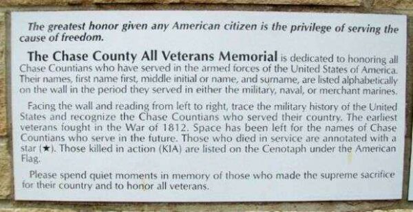 CHASE COUNTY ALL VETERANS MEMORIAL WALL OF HONOR DEDICATION PLAQUE