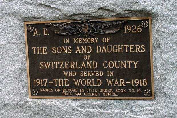 SWITZERLAND COUNTY WORLD WAR I MEMORIAL PLAQUE