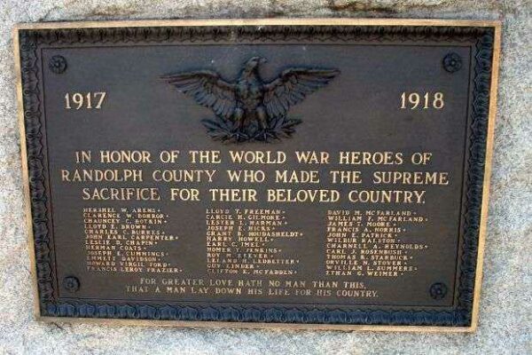 RANDOLPH COUNTY WORLD WAR I MEMORIAL PLAQUE A