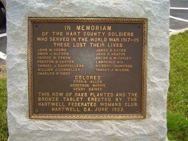 HART COUNTY WORLD WAR I MEMORIAL TREES PLAQUE