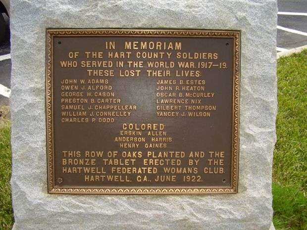 HART COUNTY WORLD WAR I MEMORIAL TREES PLAQUE