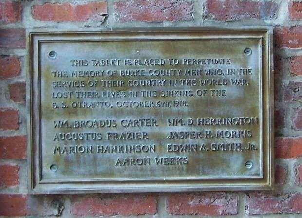 BURKE COUNTY SINKING OF THE S.S. OTRANTO MEMORIAL PLAQUE