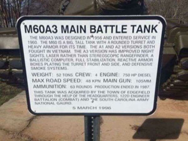 EDGEFIELD M60A3 MAIN BATTLE TANK MEMORIAL PLAQUE