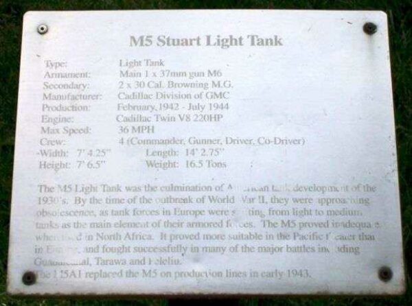 M5 STUART LIGHT TANK MEMORIAL PLAQUE