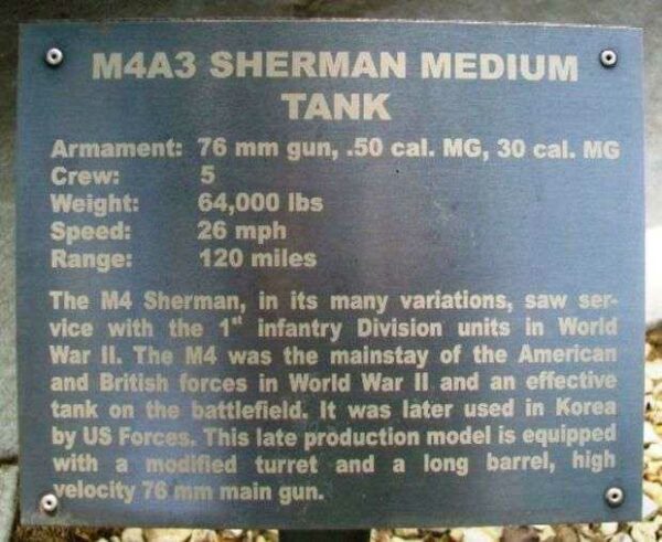 FORT RILEY M4A3 SHERMAN MEDIUM TANK MEMORIAL PLAQUE
