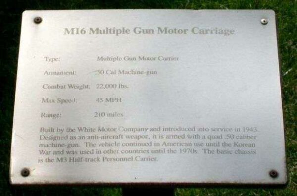 M16 MULTIPLE GUN MOTOR CARRIAGE MEMORIAL PLAQUE