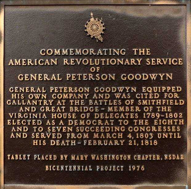 GENERAL PETERSON GOODWYN REVOLUTIONARY WAR MEMORIAL PLAQUE