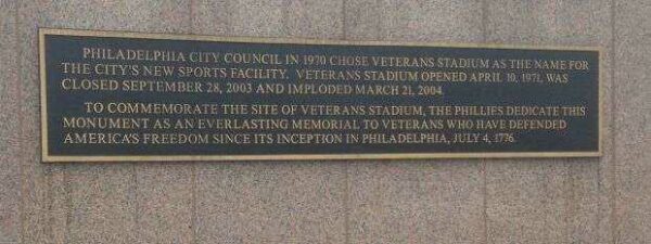 PHILADELPHIA VETERANS MEMORIAL PLAQUE