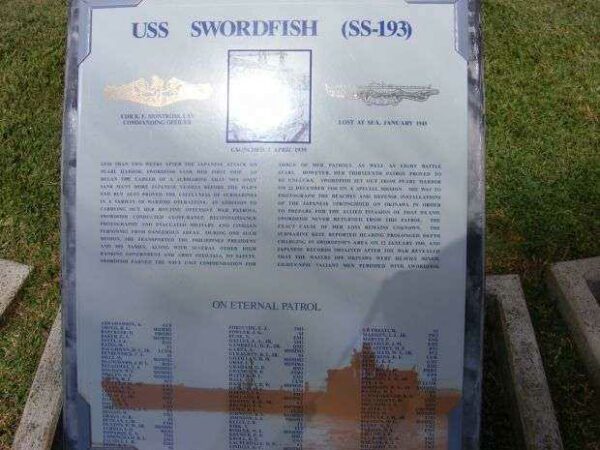 USS SWORDFISH (SS-193) SUBMARINE WAR MEMORIAL PLAQUE