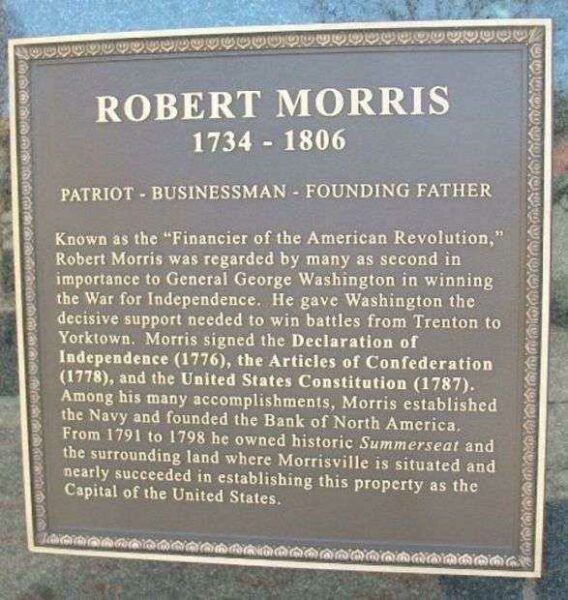 ROBERT MORRIS REVOLUTIONARY WAR MEMORIAL PLAQUE