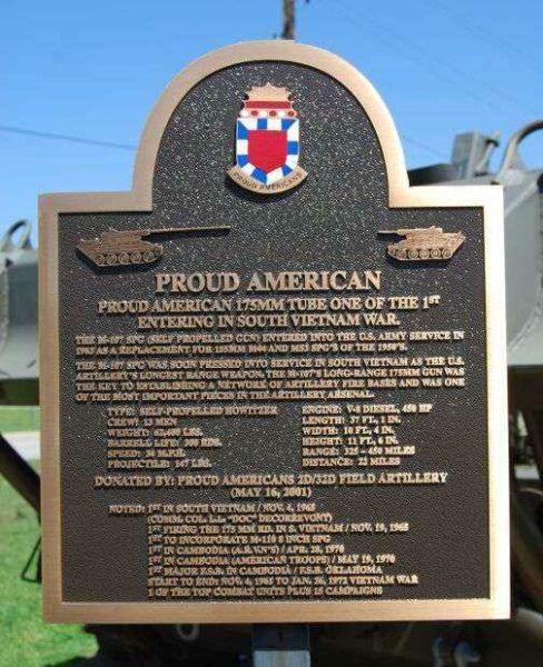 PROUD AMERICAN 175MM TUBE WAR MEMORIAL PLAQUE