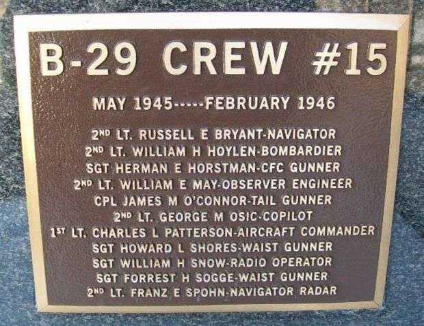 B-29 CREW #15 WAR MEMORIAL PLAQUE