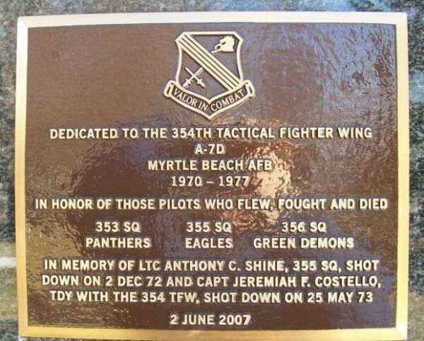 354TH TACTICAL FIGHTER WING WAR MEMORIAL PLAQUE