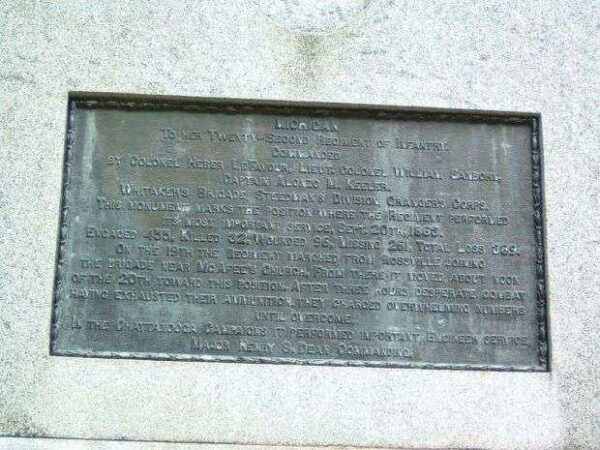 22ND MICHIGAN INFANTRY AT CHICKAMAUGA WAR MEMORIAL PLAQUE