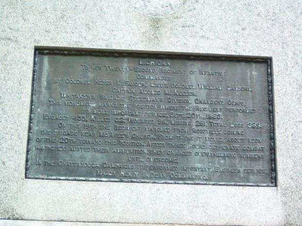 22ND MICHIGAN INFANTRY AT CHICKAMAUGA WAR MEMORIAL PLAQUE