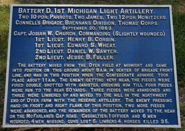 BATTERY D, 1ST MICHIGAN LIGHT ARTILLERY MEMORIAL PLAQUE